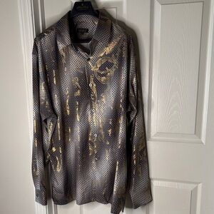 Pronti Metallic Gray and Gold Button Down Long Sleeve Shirt 3XL